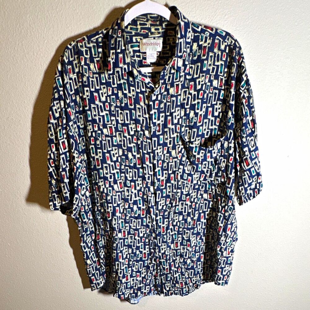 Windridge Men’s Button Up Shirt Size L Blue Geometric Woven Rayon Short Sleeve